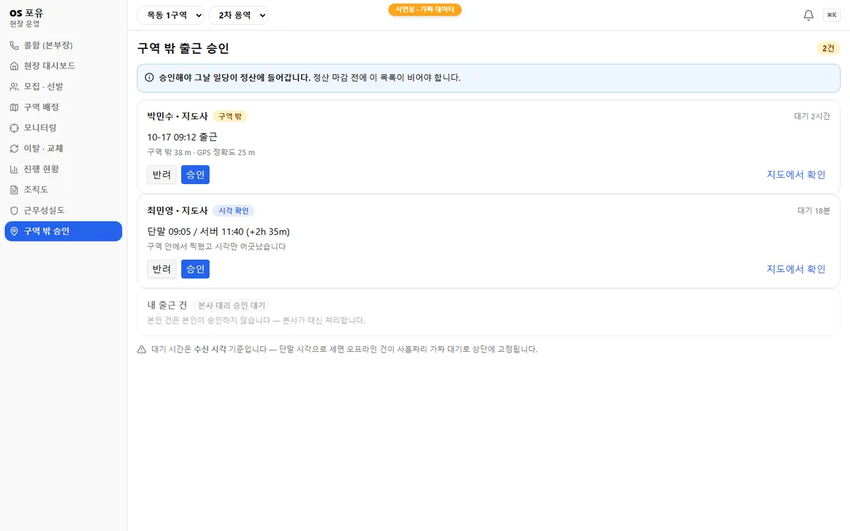 구역 밖 출근 승인 목록